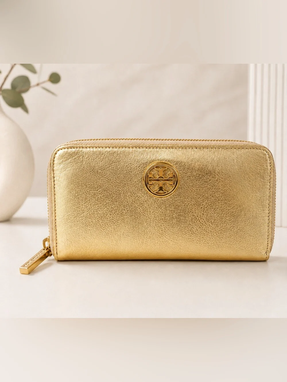 Tory Burch Metallic Gold Leather Zip Around Wallet